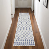 8' Ivory and Blue Geometric Distressed Non Skid Runner Rug