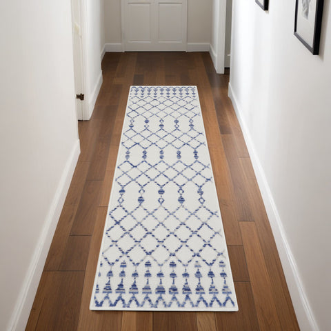8' Ivory and Blue Geometric Distressed Non Skid Runner Rug