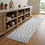 8' Ivory and Blue Geometric Distressed Non Skid Runner Rug