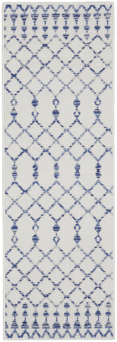 8' Ivory and Blue Geometric Distressed Non Skid Runner Rug