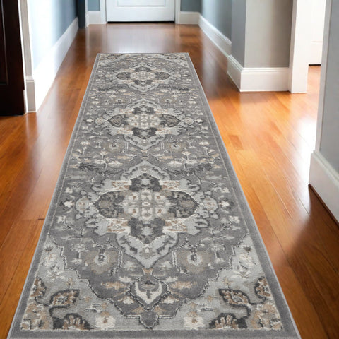 12' Gray and Black Floral Non Skid Runner Rug