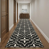 12' Black And Ivory Floral Medallion Runner Rug