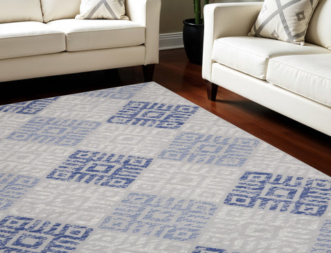 7' X 10' Beige Blue and Gray Geometric Distressed Non Skid Area Rug