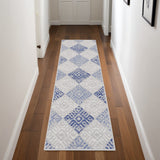 8' Beige Blue and Gray Geometric Distressed Non Skid Runner Rug