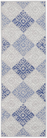 8' Beige Blue and Gray Geometric Distressed Non Skid Runner Rug