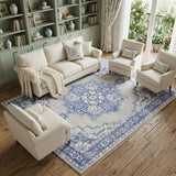 7' X 10' Ivory Blue and Gray Floral Medallion Distressed Non Skid Area Rug