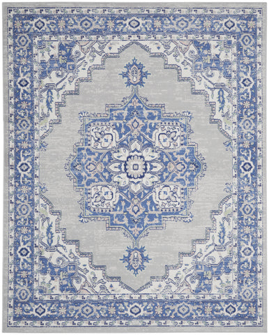 7' X 10' Ivory Blue and Gray Floral Medallion Distressed Non Skid Area Rug
