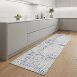 8' Ivory Blue and Gray Abstract Distressed Non Skid Runner Rug