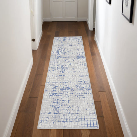 8' Ivory Blue and Gray Abstract Distressed Non Skid Runner Rug