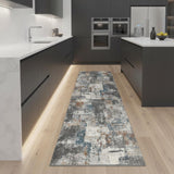 8' Ivory Blue And Gray Abstract Runner Rug