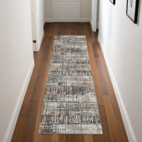 8' Cream Black and Gray Abstract Runner Rug