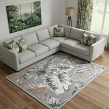 8' X 10' Gray Black And Tan Tropical Floral Area Rug
