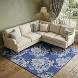 7' X 10' Navy Blue and Ivory Damask Distressed Non Skid Area Rug