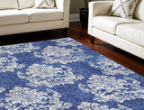 7' X 10' Navy Blue and Ivory Damask Distressed Non Skid Area Rug