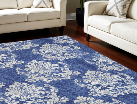 7' X 10' Navy Blue and Ivory Damask Distressed Non Skid Area Rug