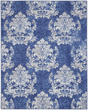 7' X 10' Navy Blue and Ivory Damask Distressed Non Skid Area Rug