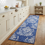8' Navy Blue and Ivory Damask Distressed Non Skid Runner Rug
