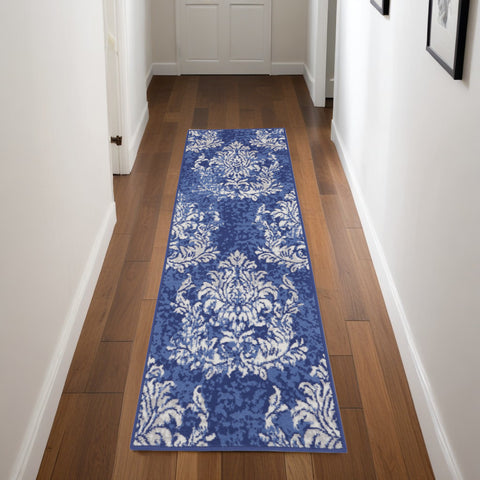 8' Navy Blue and Ivory Damask Distressed Non Skid Runner Rug