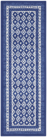 8' Ivory and Navy Blue Geometric Distressed Non Skid Runner Rug
