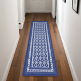 8' Ivory and Navy Blue Geometric Distressed Non Skid Runner Rug