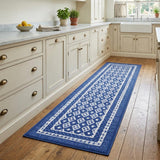 8' Ivory and Navy Blue Geometric Distressed Non Skid Runner Rug