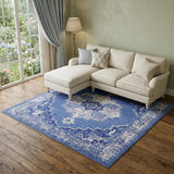 7' X 10' Ivory Navy Blue and Beige Floral Medallion Distressed Non Skid Area Rug