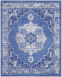 7' X 10' Ivory Navy Blue and Beige Floral Medallion Distressed Non Skid Area Rug