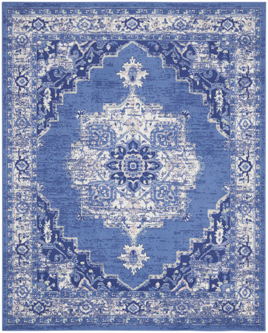 7' X 10' Ivory Navy Blue and Beige Floral Medallion Distressed Non Skid Area Rug