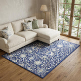 7' X 10' Navy Blue Ivory and Beige Floral Distressed Non Skid Area Rug