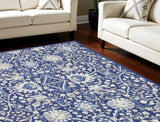 7' X 10' Navy Blue Ivory and Beige Floral Distressed Non Skid Area Rug