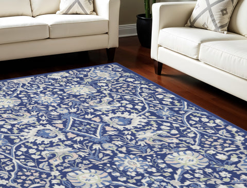 7' X 10' Navy Blue Ivory and Beige Floral Distressed Non Skid Area Rug