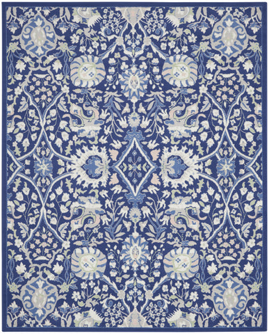7' X 10' Navy Blue Ivory and Beige Floral Distressed Non Skid Area Rug