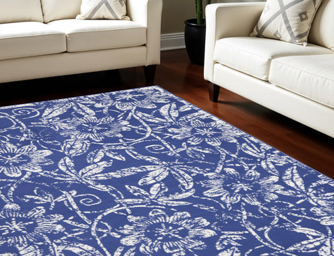 7' X 10' Ivory and Navy Blue Floral Distressed Non Skid Area Rug