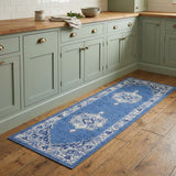 8' Ivory Navy Blue and Beige Floral Medallion Distressed Non Skid Runner Rug