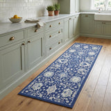 8' Navy Blue Ivory and Beige Floral Distressed Non Skid Runner Rug