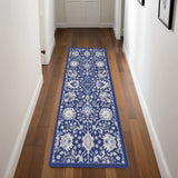 8' Navy Blue Ivory and Beige Floral Distressed Non Skid Runner Rug
