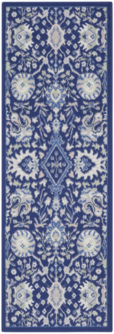 8' Navy Blue Ivory and Beige Floral Distressed Non Skid Runner Rug
