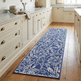 8' Ivory and Navy Blue Floral Distressed Non Skid Runner Rug