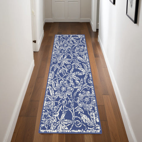 8' Ivory and Navy Blue Floral Distressed Non Skid Runner Rug