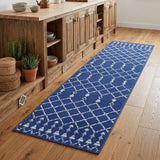 8' Navy Blue and Ivory Moroccan Distressed Non Skid Runner Rug