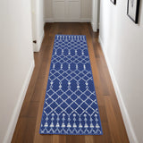 8' Navy Blue and Ivory Moroccan Distressed Non Skid Runner Rug