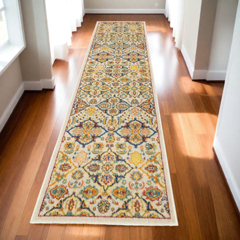 10' Ivory And Blue Floral Runner Rug