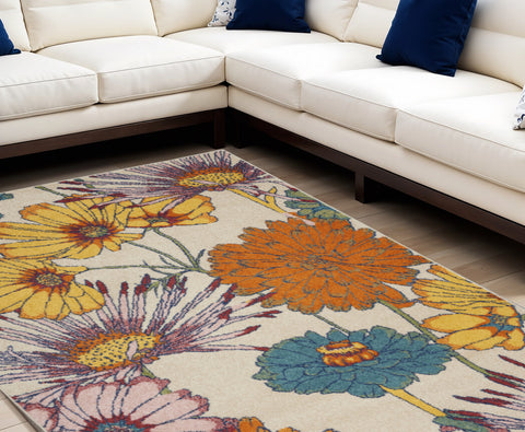 8' X 10' Ivory Blue and Orange Floral Power Loom Area Rug