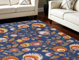 8' X 10' Navy Blue Floral Power Loom Area Rug