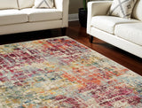 7' X 10' Ivory Red and Pink Abstract Distressed Non Skid Area Rug
