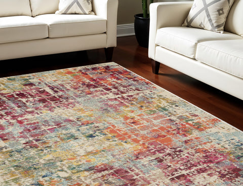 7' X 10' Ivory Red and Pink Abstract Distressed Non Skid Area Rug