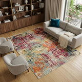 7' X 10' Ivory Red and Pink Abstract Distressed Non Skid Area Rug