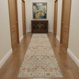 10' Ivory Blue And Orange Floral Medallion Distressed Runner Rug