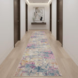 20' Ivory Blue And Yellow Abstract Runner Rug