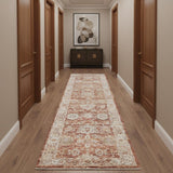 10' Ivory And Red Floral Medallion Distressed Runner Rug
